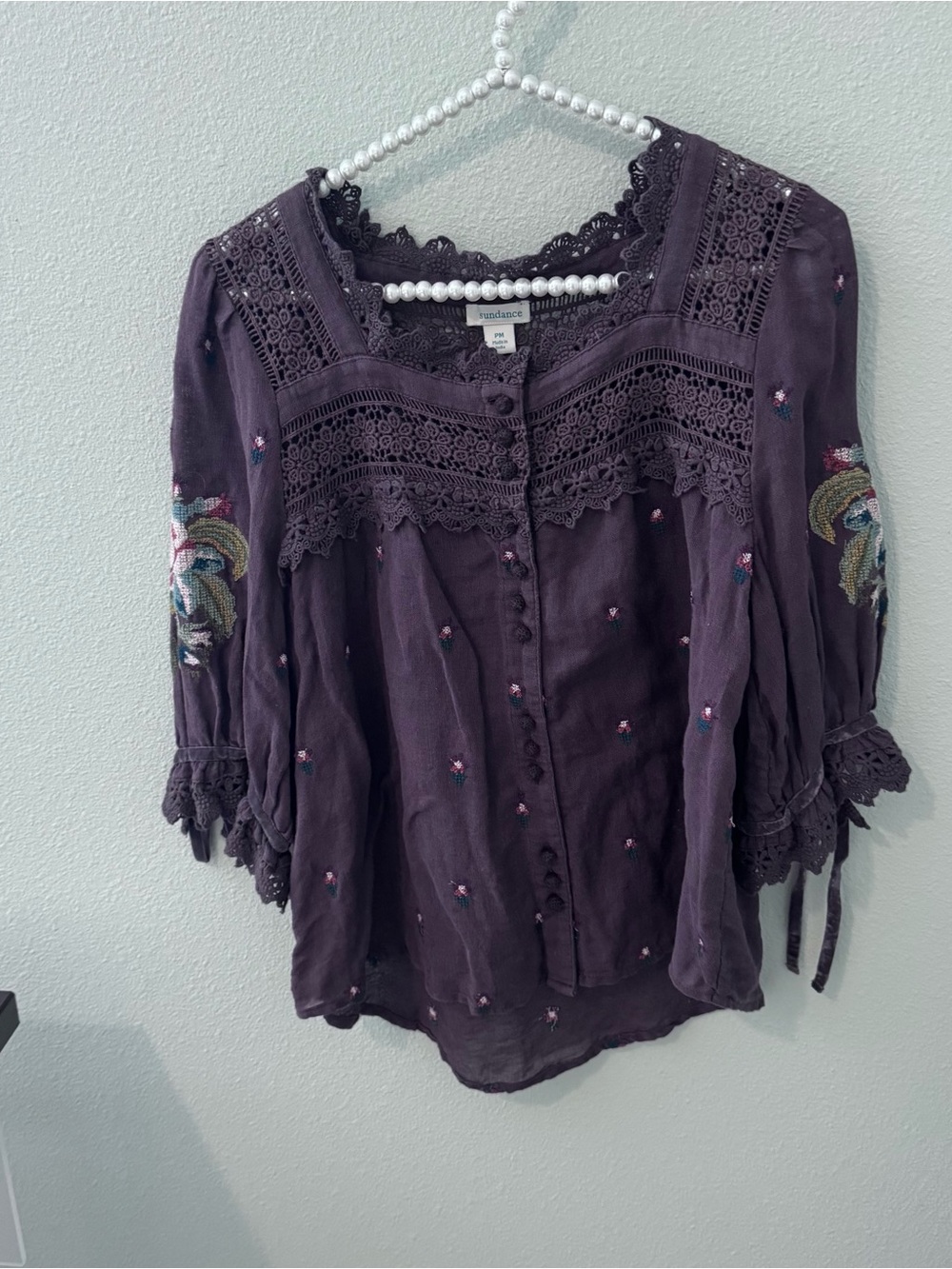 Sundance Embroidered Lace Peasant Blouse in Chocolate